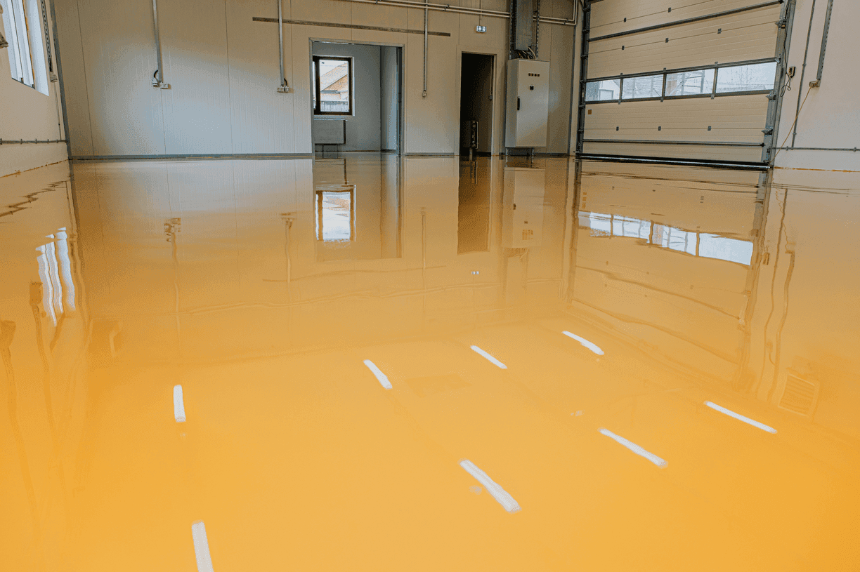 Bright red solid-color commercial epoxy floor in a warehouse