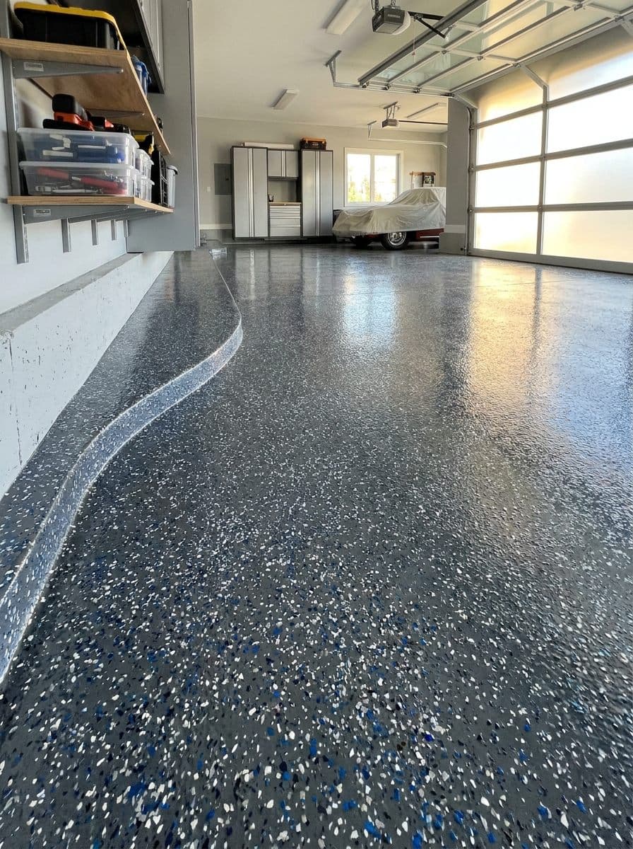 Flake epoxy garage floor with a crisp coved edge