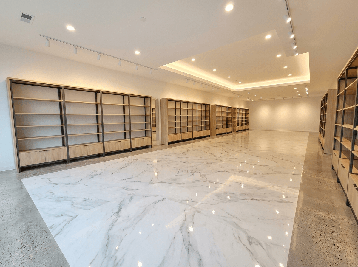 Marble-look epoxy floor in a Quad Cities commercial showroom