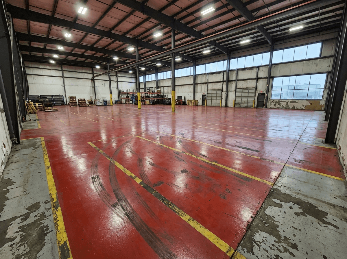 Polished red epoxy warehouse floor in the Des Moines metro