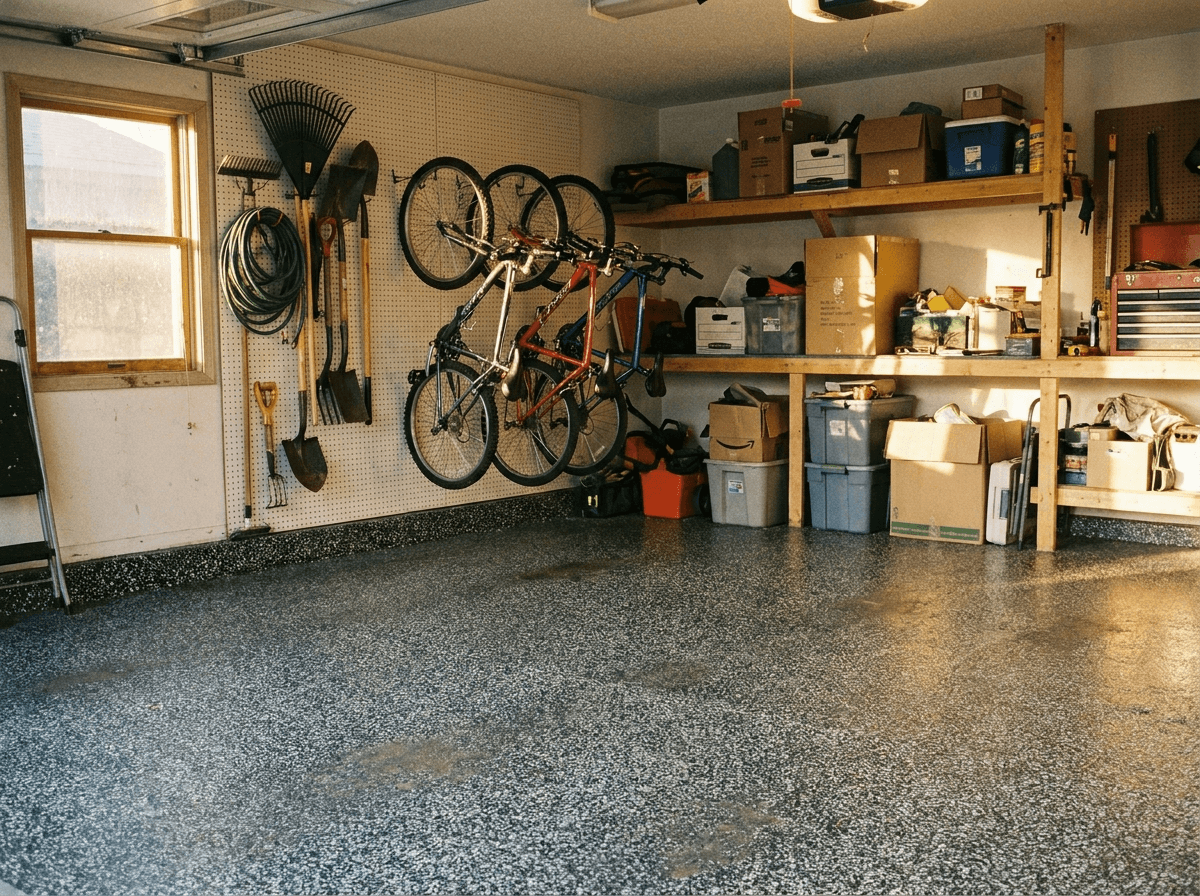 Charcoal and white flake epoxy garage floor in the Waterloo metro