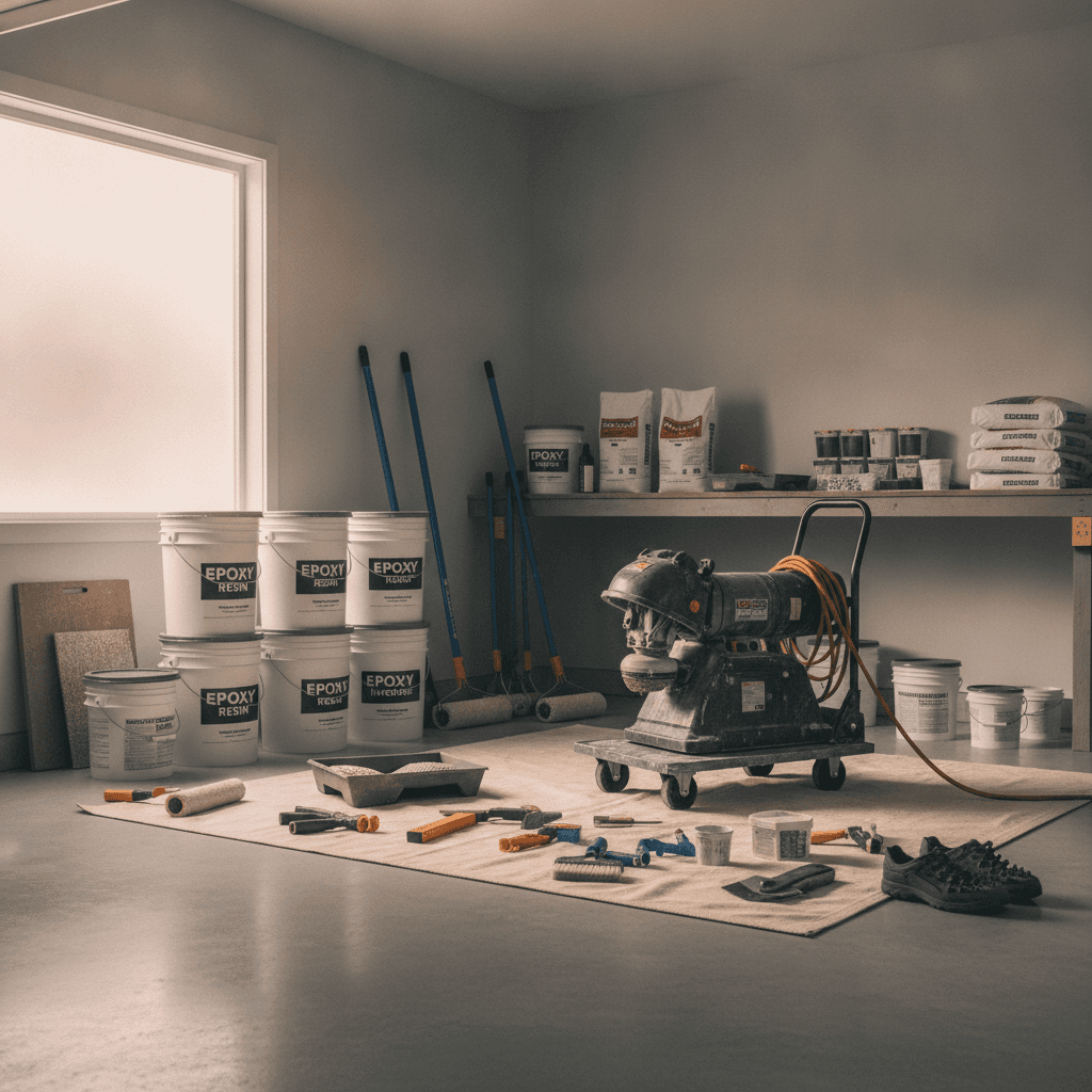 Epoxy floor coating tools and prep equipment in a professional workspace
