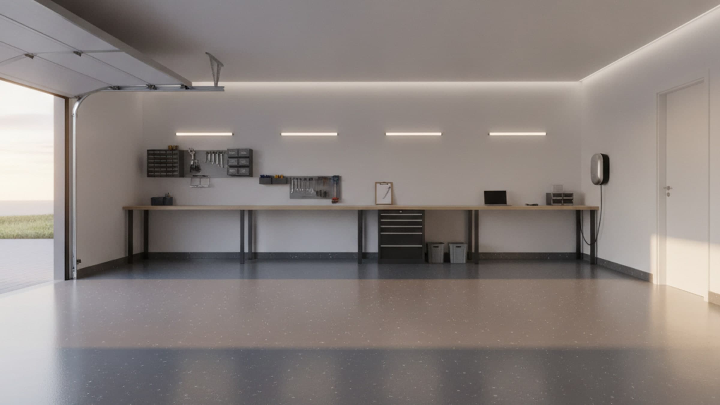 Bright modern garage with flake epoxy floor — RamRock Coatings answers common flooring questions