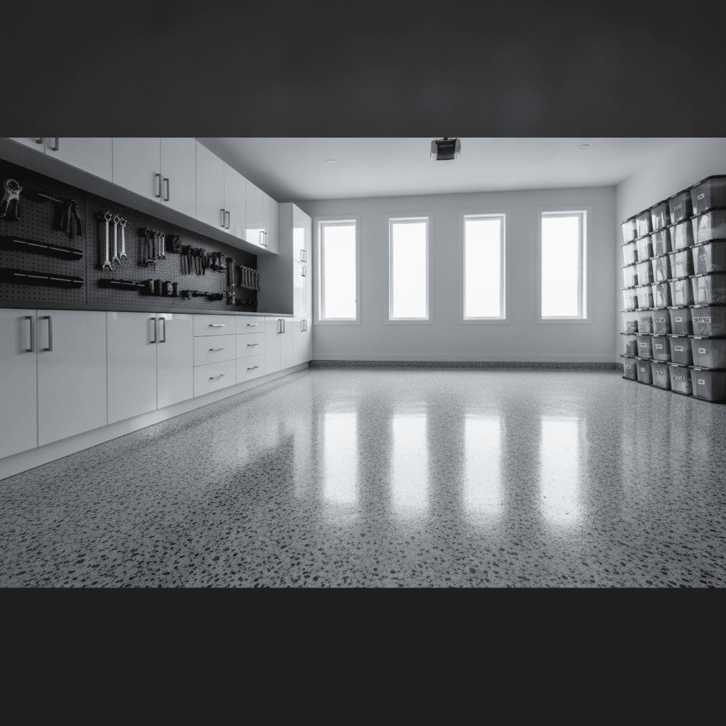 Decorative grey and white flake chip epoxy garage floor