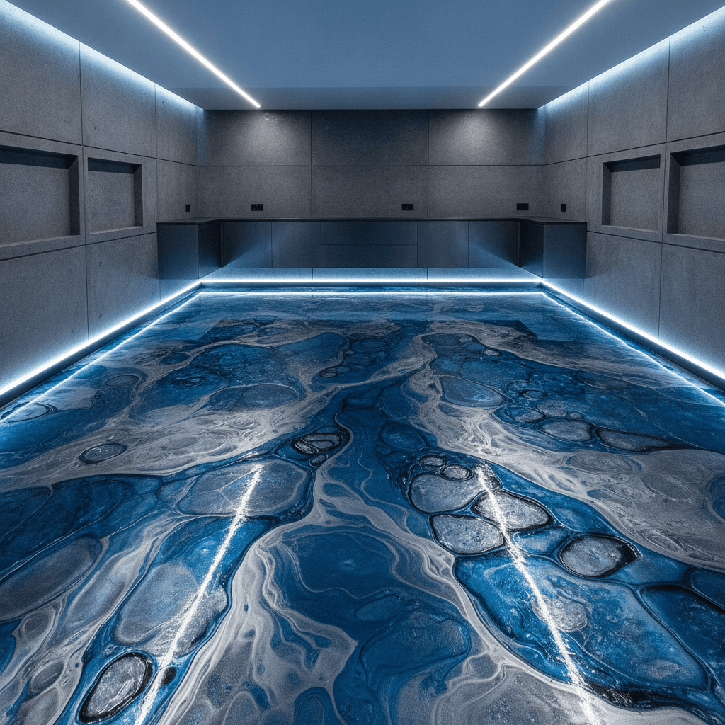 Blue and silver metallic swirl epoxy floor with glassy depth
