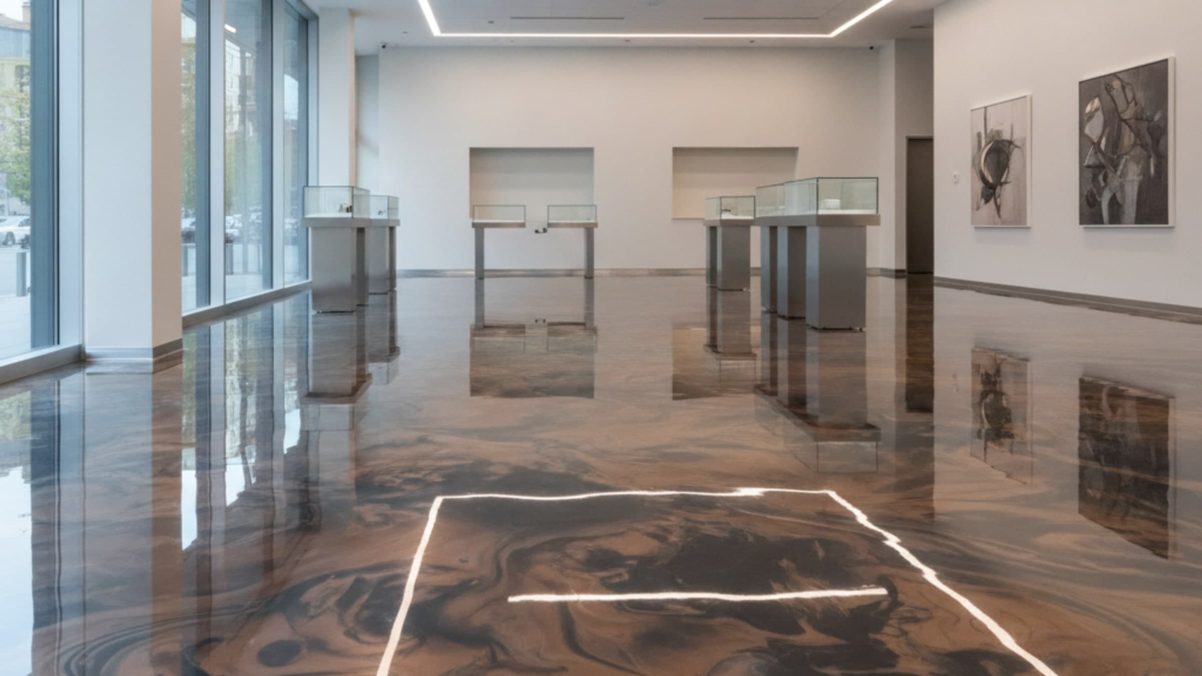 Copper metallic epoxy floor in a premium commercial showroom