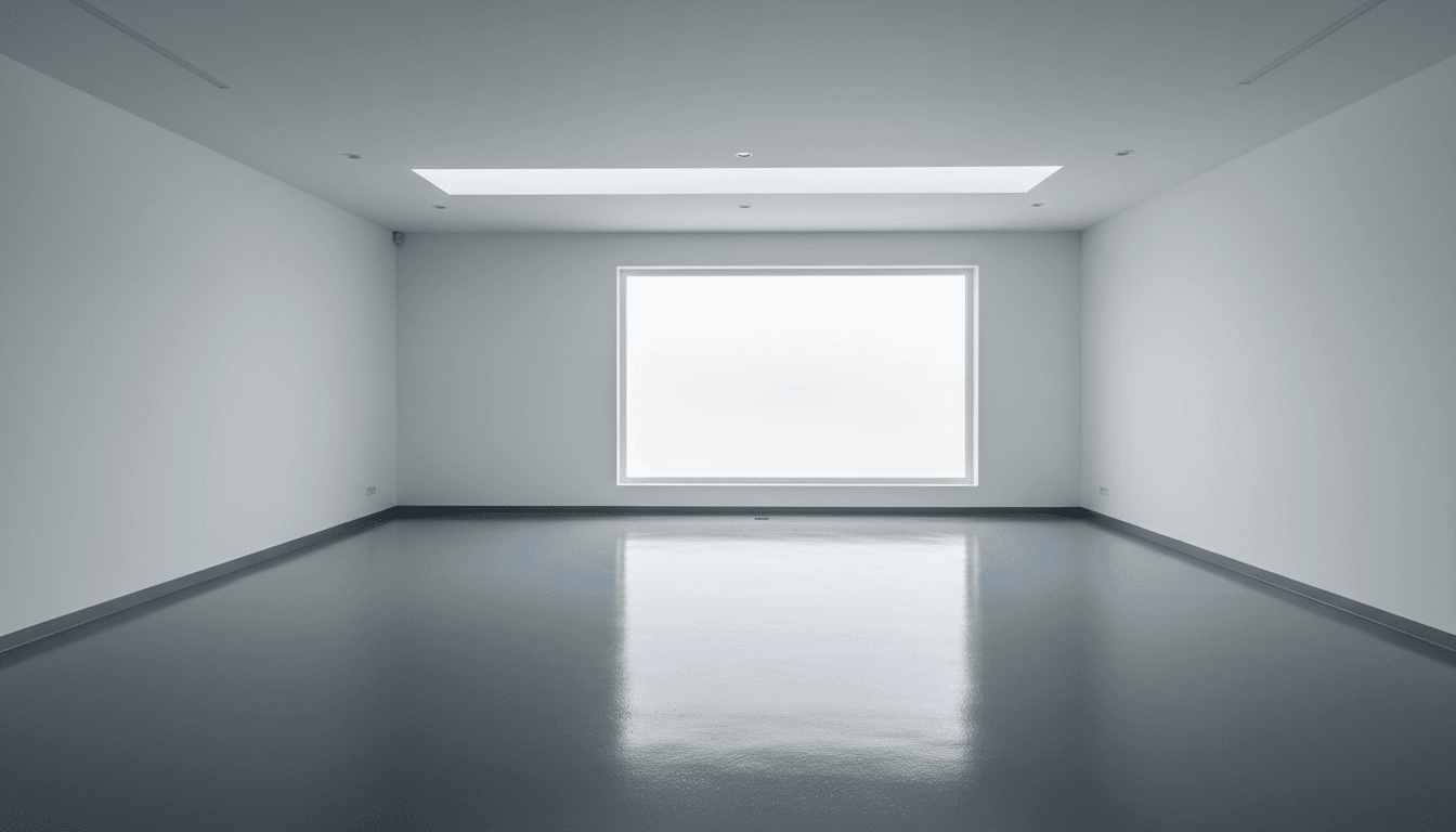 Clean slate-grey solid color epoxy garage floor
